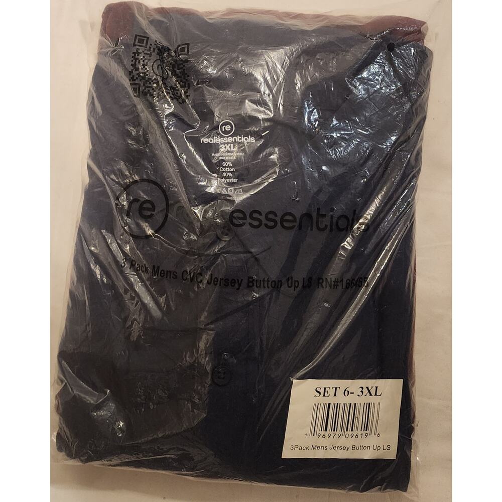 Real Essentials Men’s Jersey Button‑Up LS Shirts 3‑Pack – 3XL – NEW